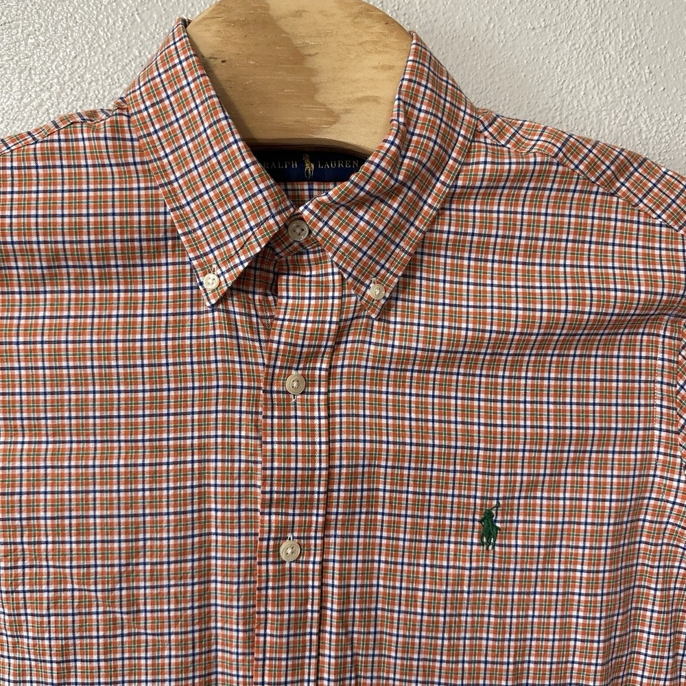 Ralph Lauren Shirt Men's Large Orange‎ Green Blue Plaid Long Sleeve Button Down